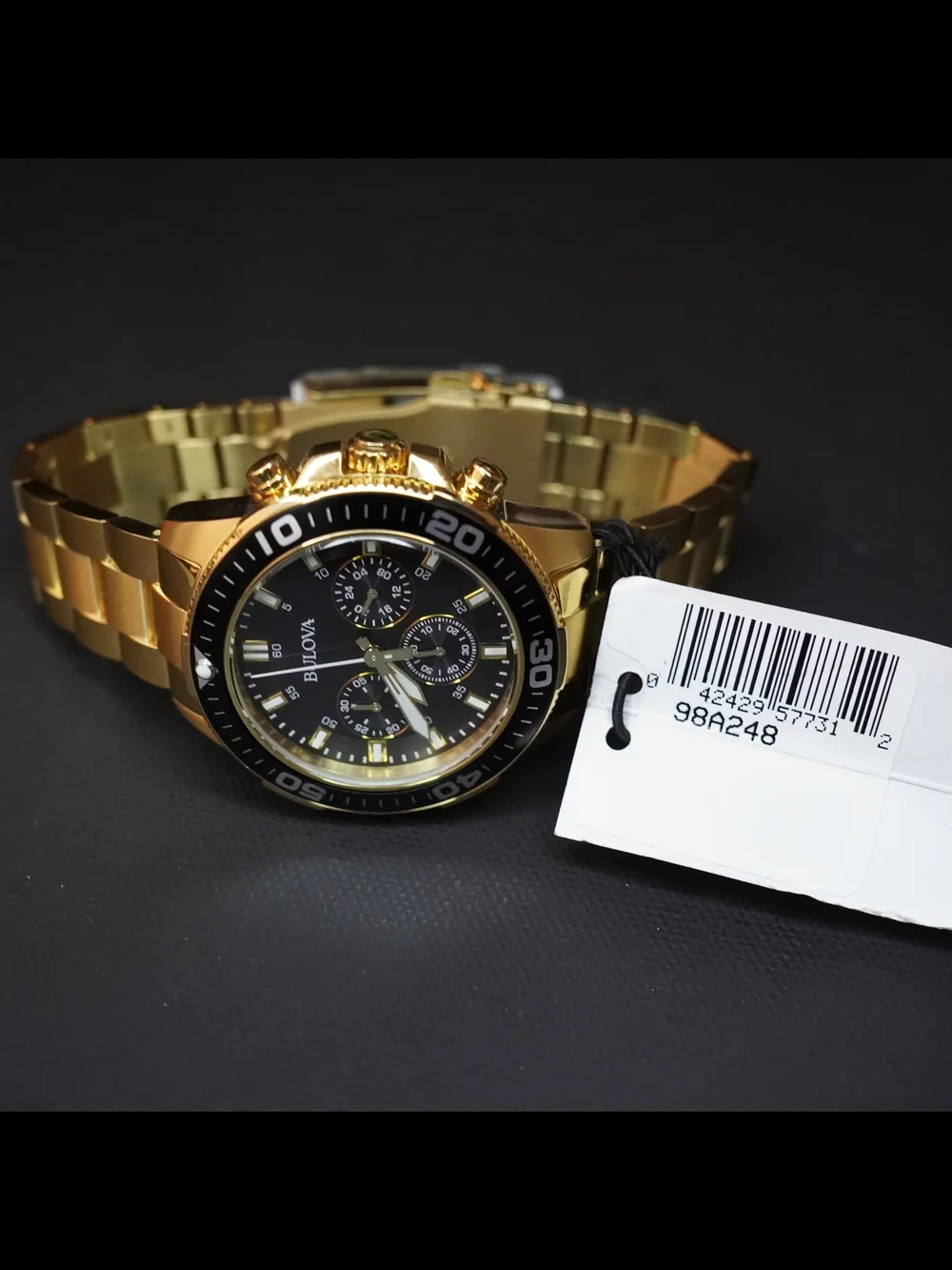 Bulova 98A248 Marine Star Gold Tone Chronograph Black Dial 43mm Mens Quartz